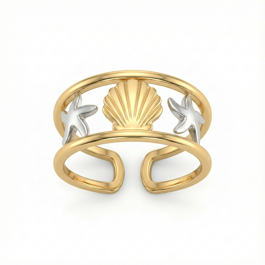 Bague marine dorée avec coquille et étoiles de mer