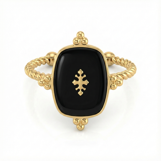 Bague médaillon noir en acier inoxydable doré avec symbole en relief