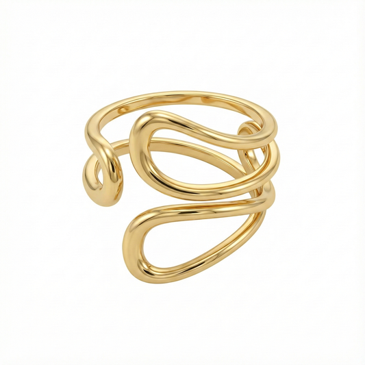 Bague dorée en acier inoxydable à forme ouverte sculpturale, design contemporain et ajustable