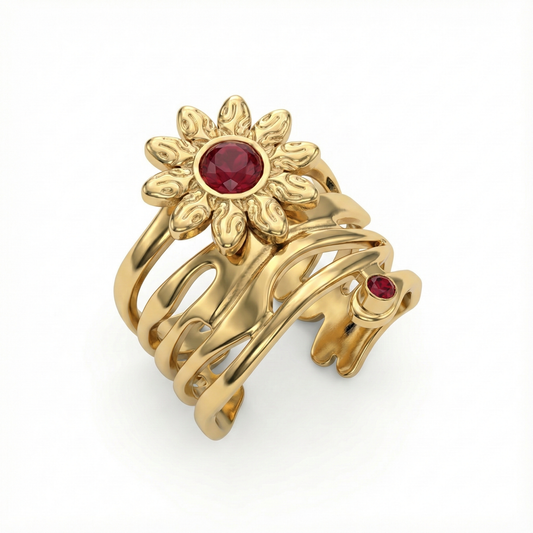 Bague solaire en acier inoxydable doré avec motif fleur rayonnante et pierres rouges, bijou symbolique et audacieux