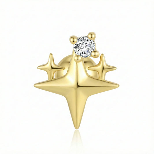 Boucle d’oreille en argent 925 doré à l’or fin en forme d’étoile avec diamant rond serti griffes, bijou raffiné au design joaillerie