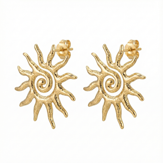 Boucles d'oreilles tendance motif soleil rayonnant : bijou style céleste bohème en acier inoxydable doré lumineux.