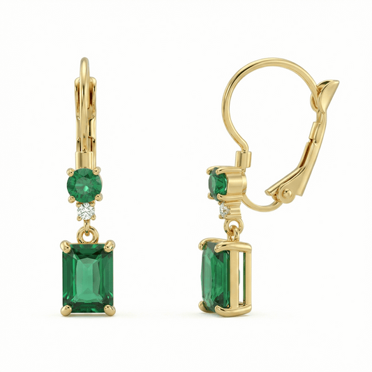 Boucles d’oreilles dorées or 18k pendantes avec pierres vertes