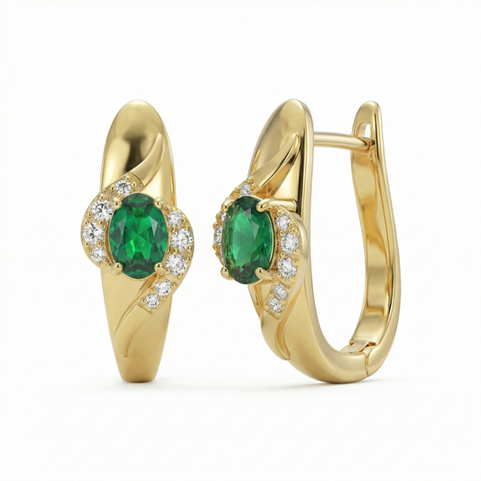 Boucles d’oreilles dorées or 18k avec pierre verte ovale et couronne de zircons blancs