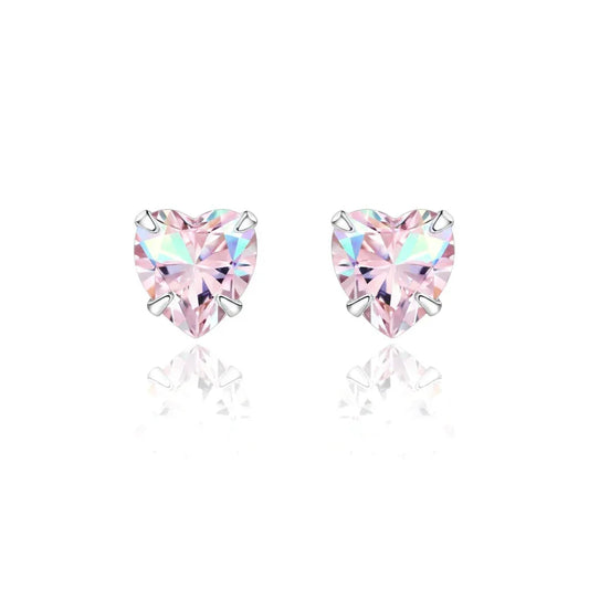 Boucles d’oreilles clous en argent 925 serties de pierres roses irisées en forme de cœur, bijou élégant pour femme