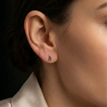 Boucles d’oreilles puces goutte dorées or 18k avec pierre violette style améthyste et zircon blanc