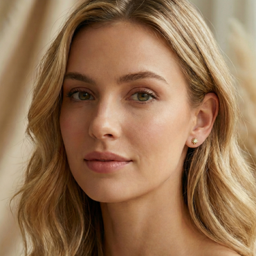 Boucles d'oreilles puces en forme de soleil en argent 925 doré à l'or fin, serties d'un zircon central brillant.