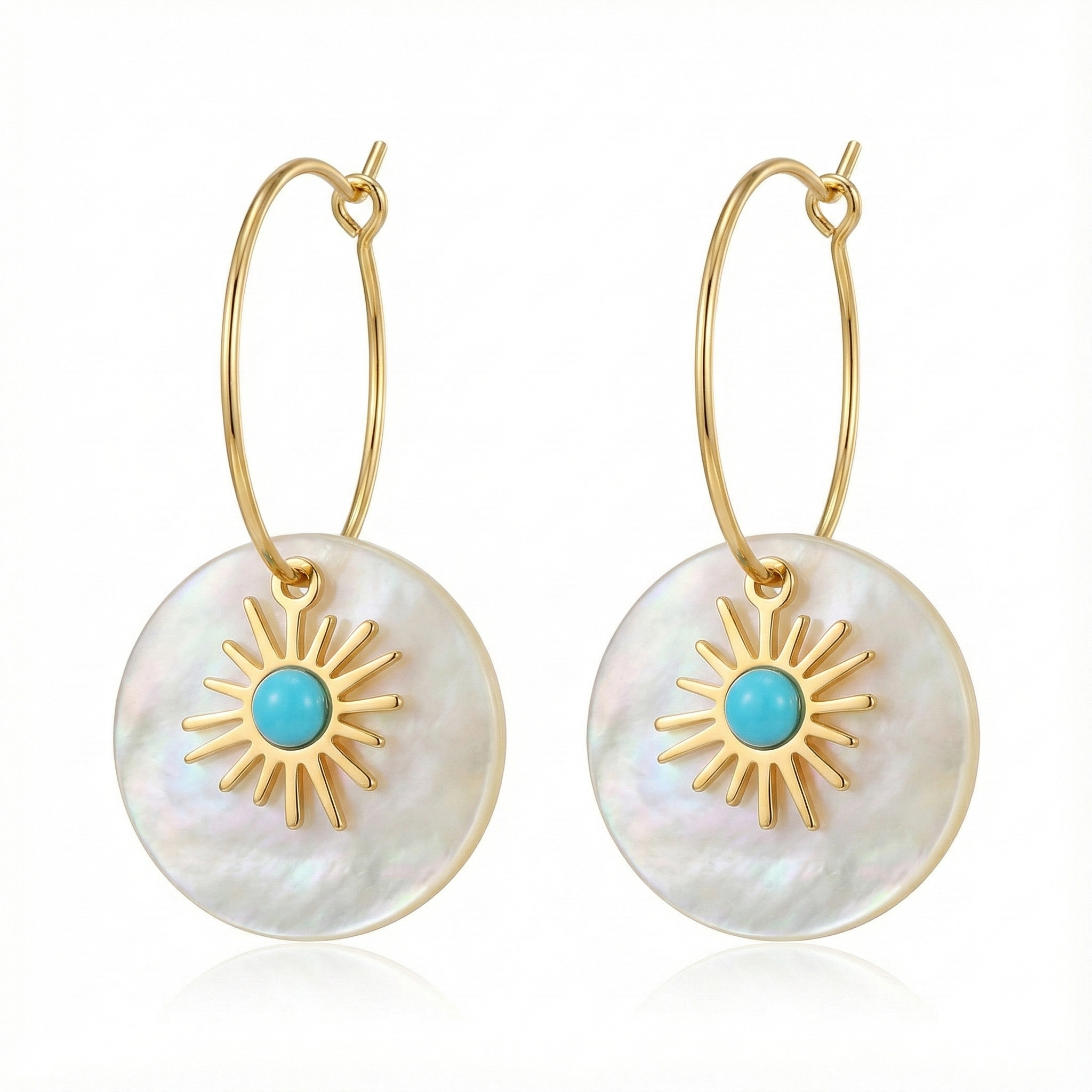 boucles d’oreilles pendantes acier inoxydable doré disque nacre turquoise vue large