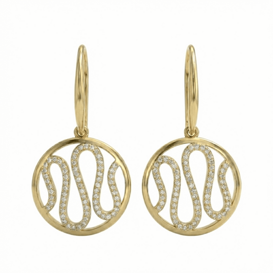 Boucles pendantes dorées or 18k serties de pierres, design graphique arrondi, fermoir crochet, élégantes pour un usage quotidien