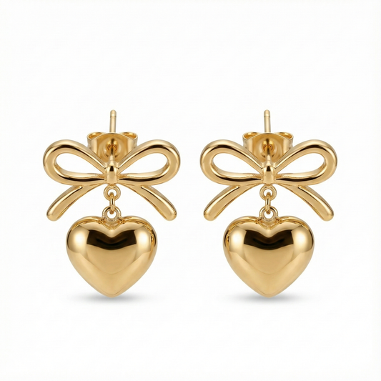 boucles d’oreilles puces acier inoxydable cœur et nœud vue large