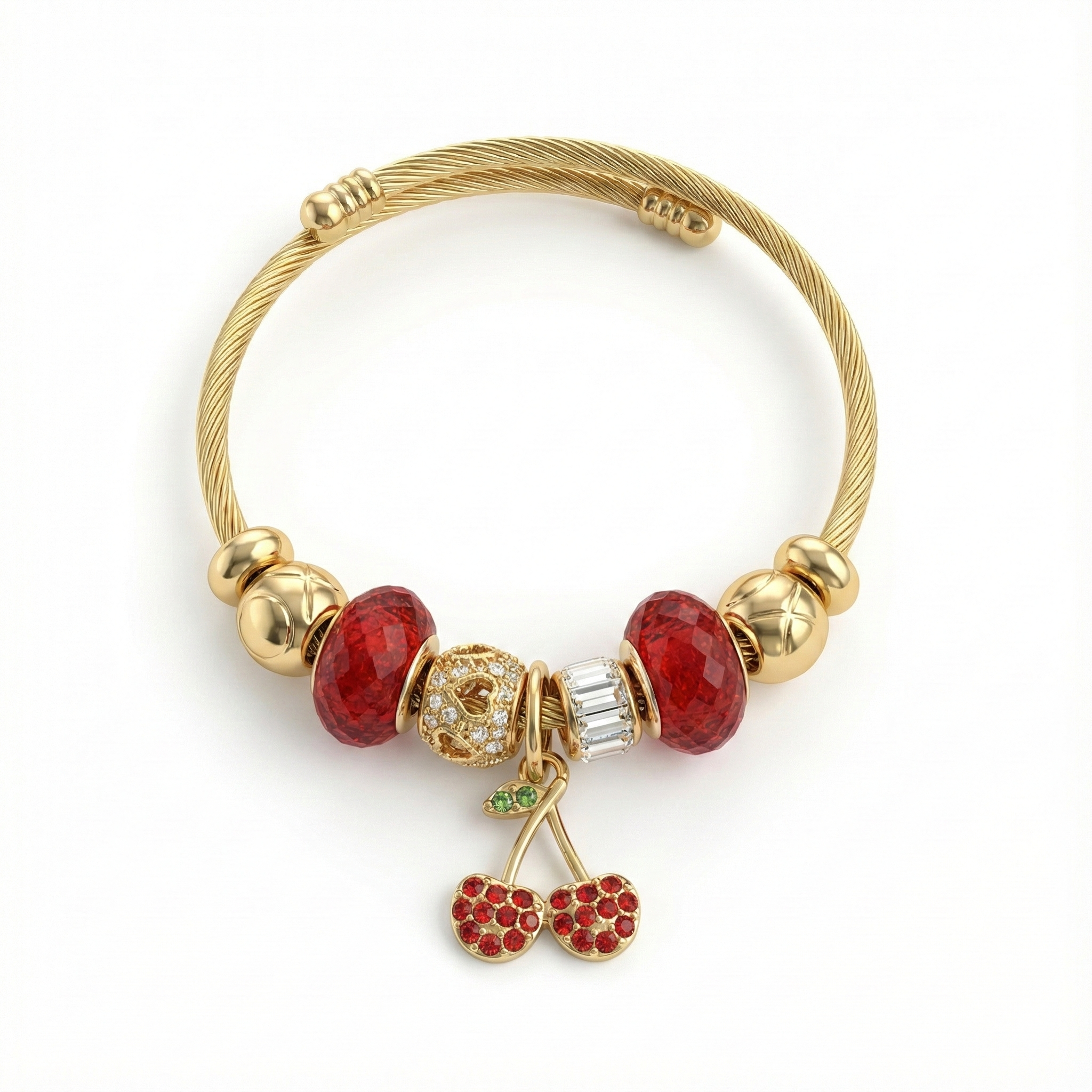 bracelet acier inoxydable doré charms cerises cristaux rouges vue large