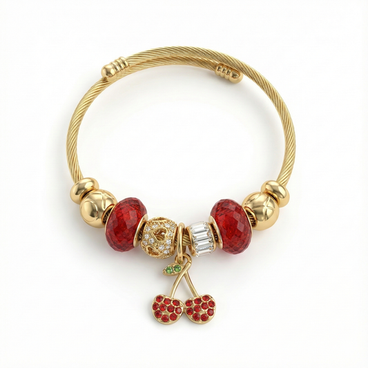 bracelet acier inoxydable doré charms cerises cristaux rouges vue large