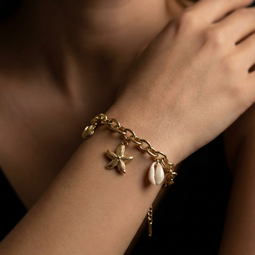 bracelet acier inoxydable doré gourmette breloques coquillage