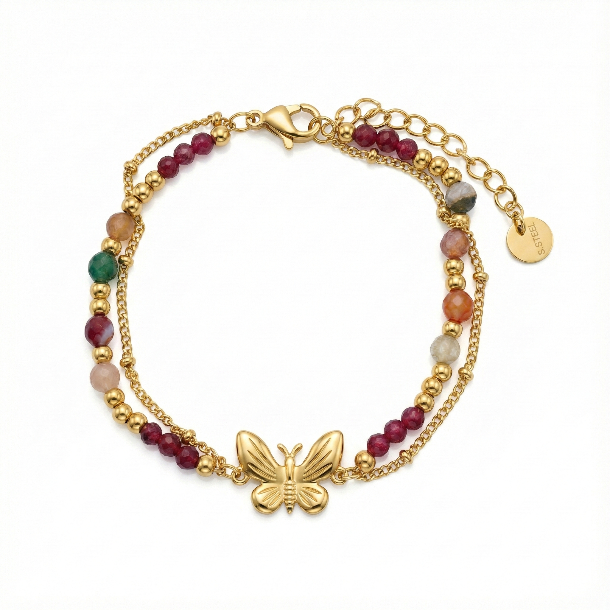 bracelet acier inoxydable doré papillon doré perles multicolores vue large