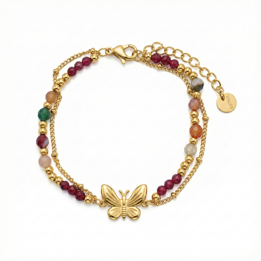 bracelet acier inoxydable doré papillon doré perles multicolores vue large