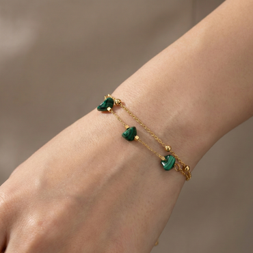 bracelet acier inoxydable doré pierres vertes naturelles vue large