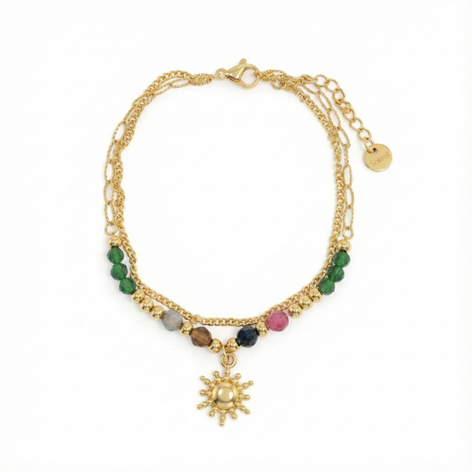 bracelet acier inoxydable doré soleil doré perles vertes vue large