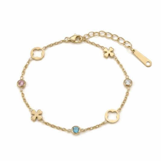 Bracelet doré 18k en acier avec motifs floraux et zircons multicolores