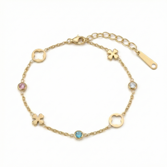 Bracelet doré 18k en acier avec motifs floraux et zircons multicolores