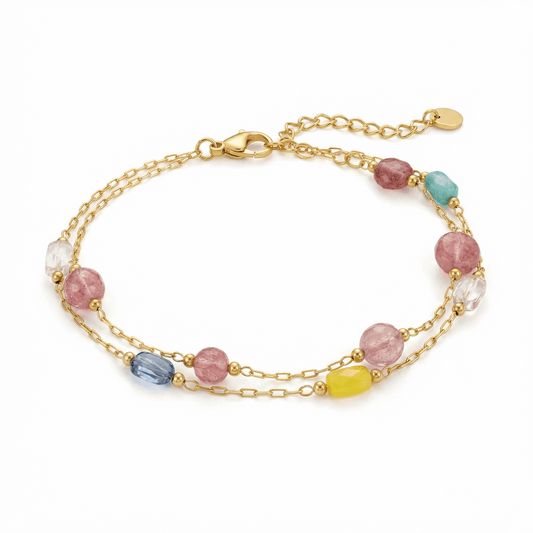 Bracelet doré en acier inoxydable avec perles multicolores et double chaîne fine, design élégant et lumineux