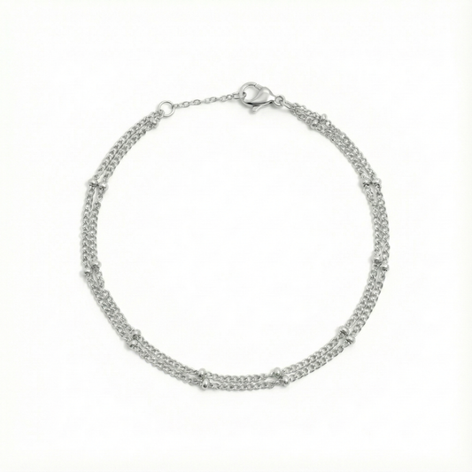 Bracelet double chaîne perlée argentée en acier inoxydable