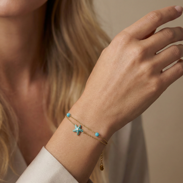 Bracelet en acier inoxydable doré avec étoile de mer turquoise et perles fines, longueur ajustable