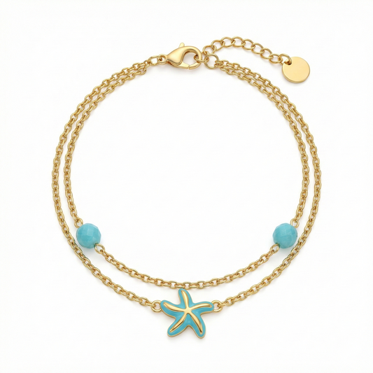 Bracelet en acier inoxydable doré avec étoile de mer turquoise et perles fines, longueur ajustable