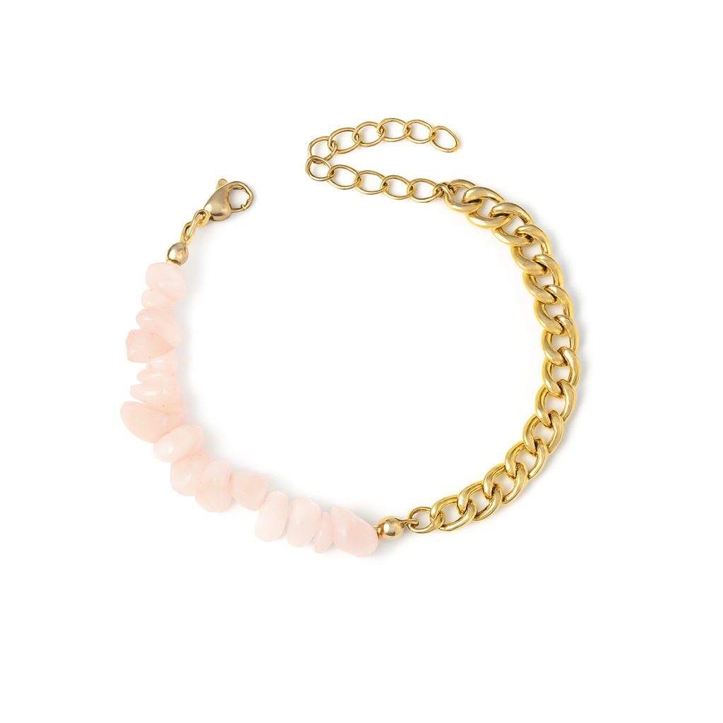 Bracelet Acier Inoxydable Doré Pierres Roses & Maille Dorée