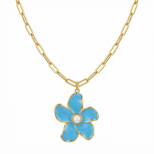 Collier doré en acier inoxydable avec pendentif fleur bleue et perle centrale