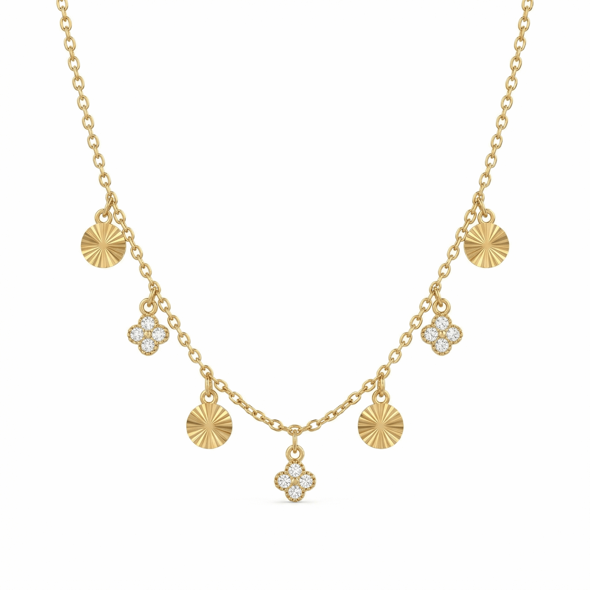 Collier en acier inoxydable doré avec pampilles gravées et motifs sertis de pierres claires, chaîne ajustable élégante pour usage quotidien