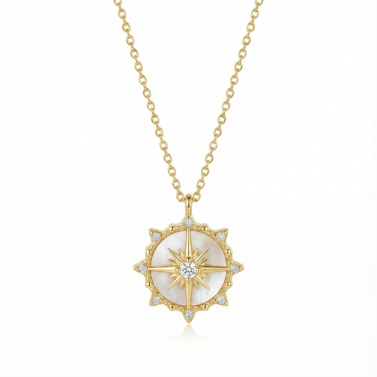 collier acier inoxydable doré rose des vents nacre