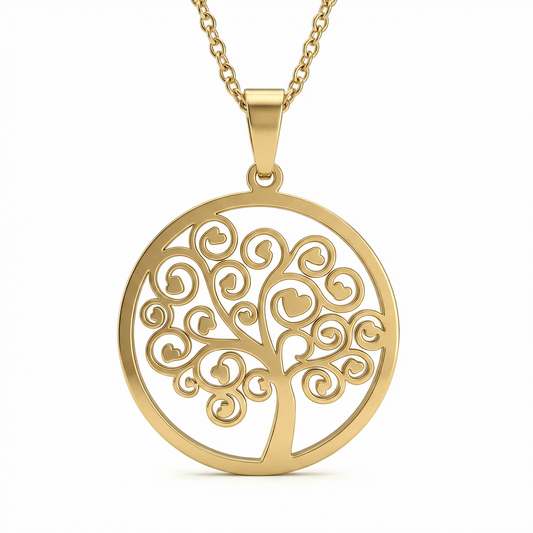 Collier arbre de vie à cœurs doré or 18k en acier inoxydable avec chaîne ajustable 45 + 5 cm, bijou symbolique à porter au quotidien
