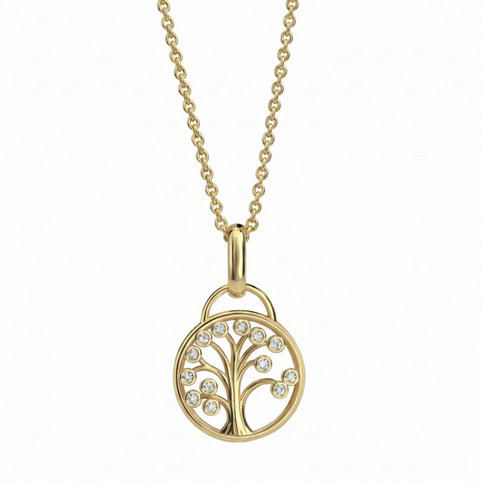 Collier arbre de vie doré avec pendentif circulaire serti de zircons étincelants