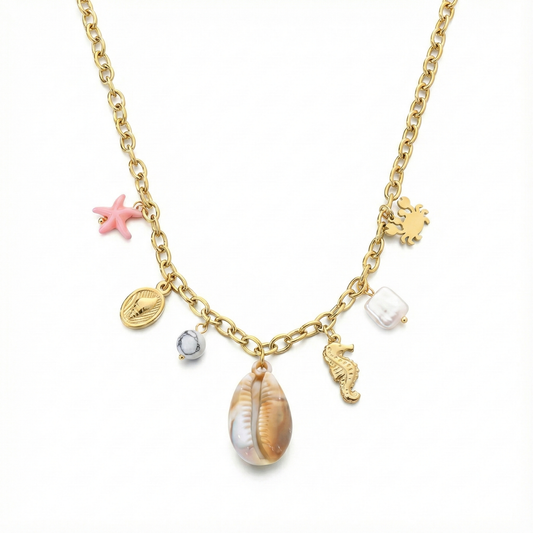 Collier charms coquillages et animaux marins en acier inoxydable doré