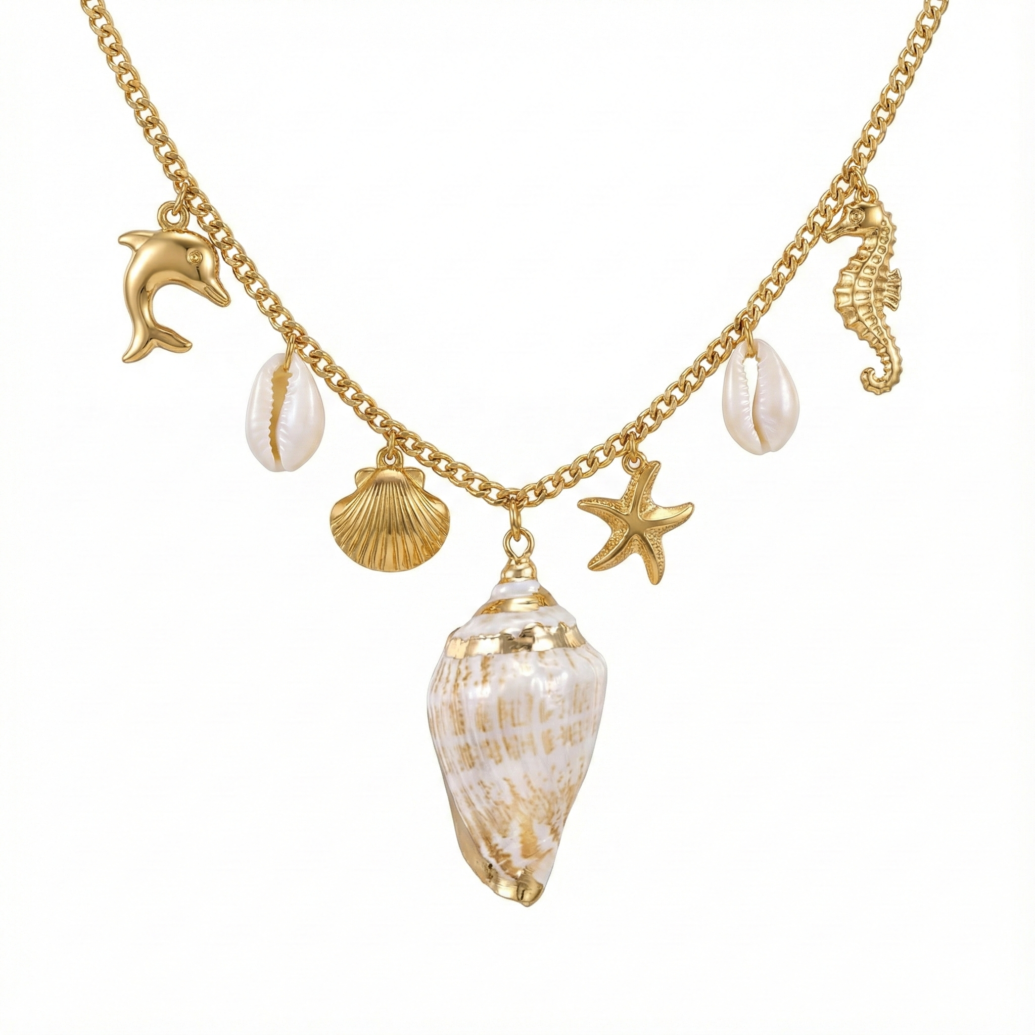 Collier charms marins avec coquillage en acier inoxydable doré