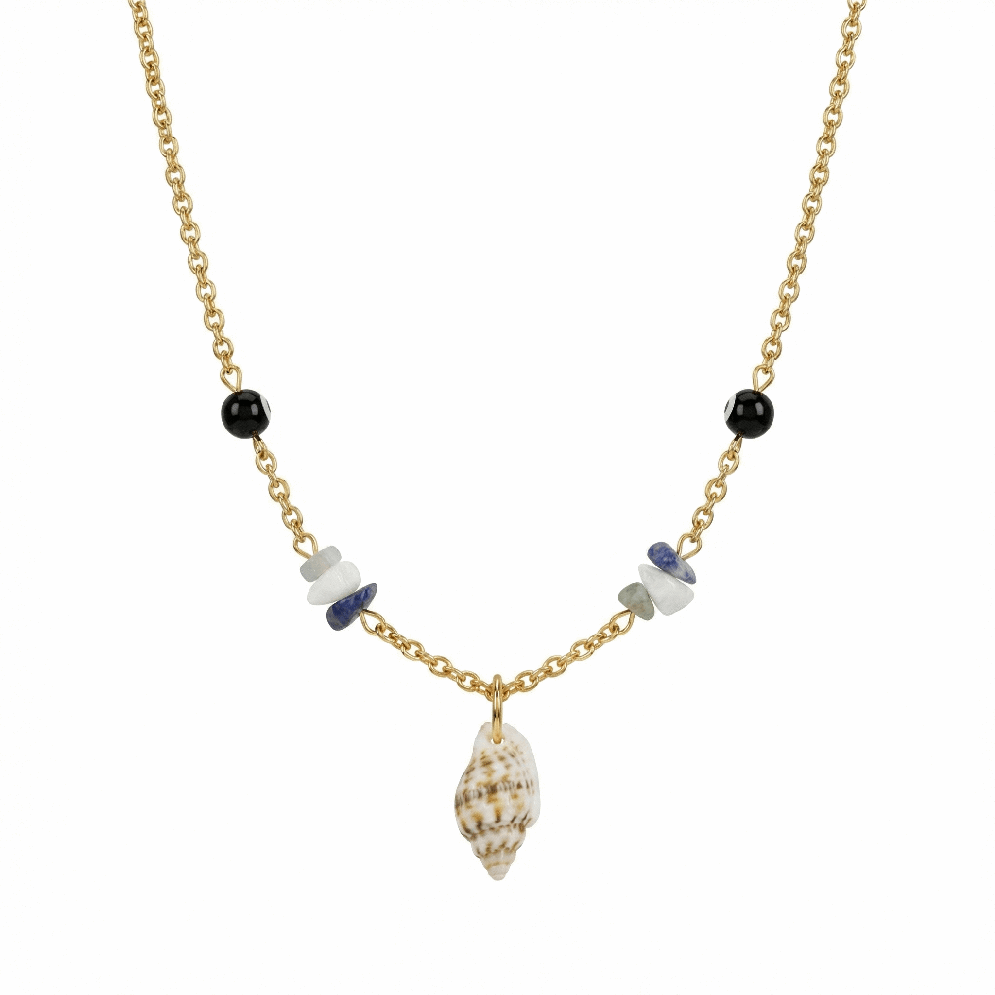 Collier doré en acier inoxydable avec pendentif coquillage naturel et perles décoratives