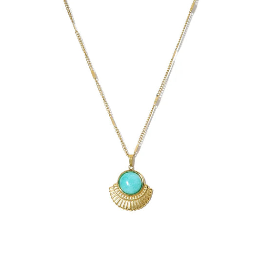 Collier couleur or en acier inoxydable avec pendentif rond turquoise et motif soleil.