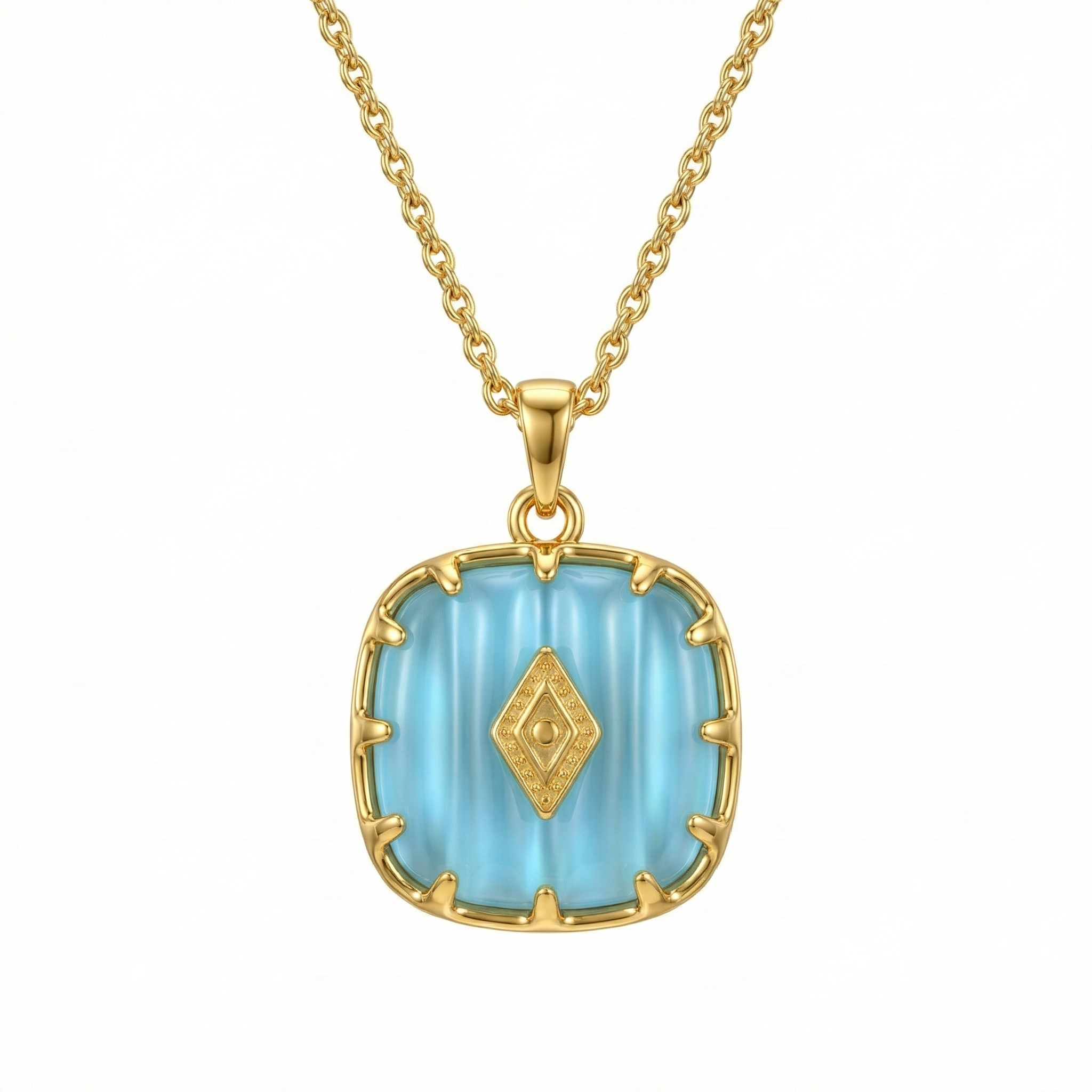 Collier doré en acier inoxydable avec pendentif turquoise serti et détails dorés