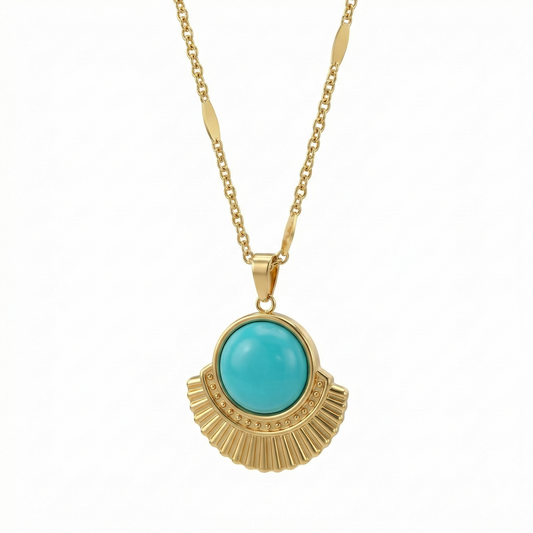 Collier doré en acier inoxydable avec pendentif soleil et pierre turquoise ronde
