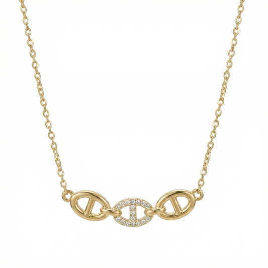 Collier doré en acier inoxydable avec trois maillons entrelacés et zircons scintillants