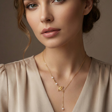 Collier doré asymétrique avec pendentif fleur et perles