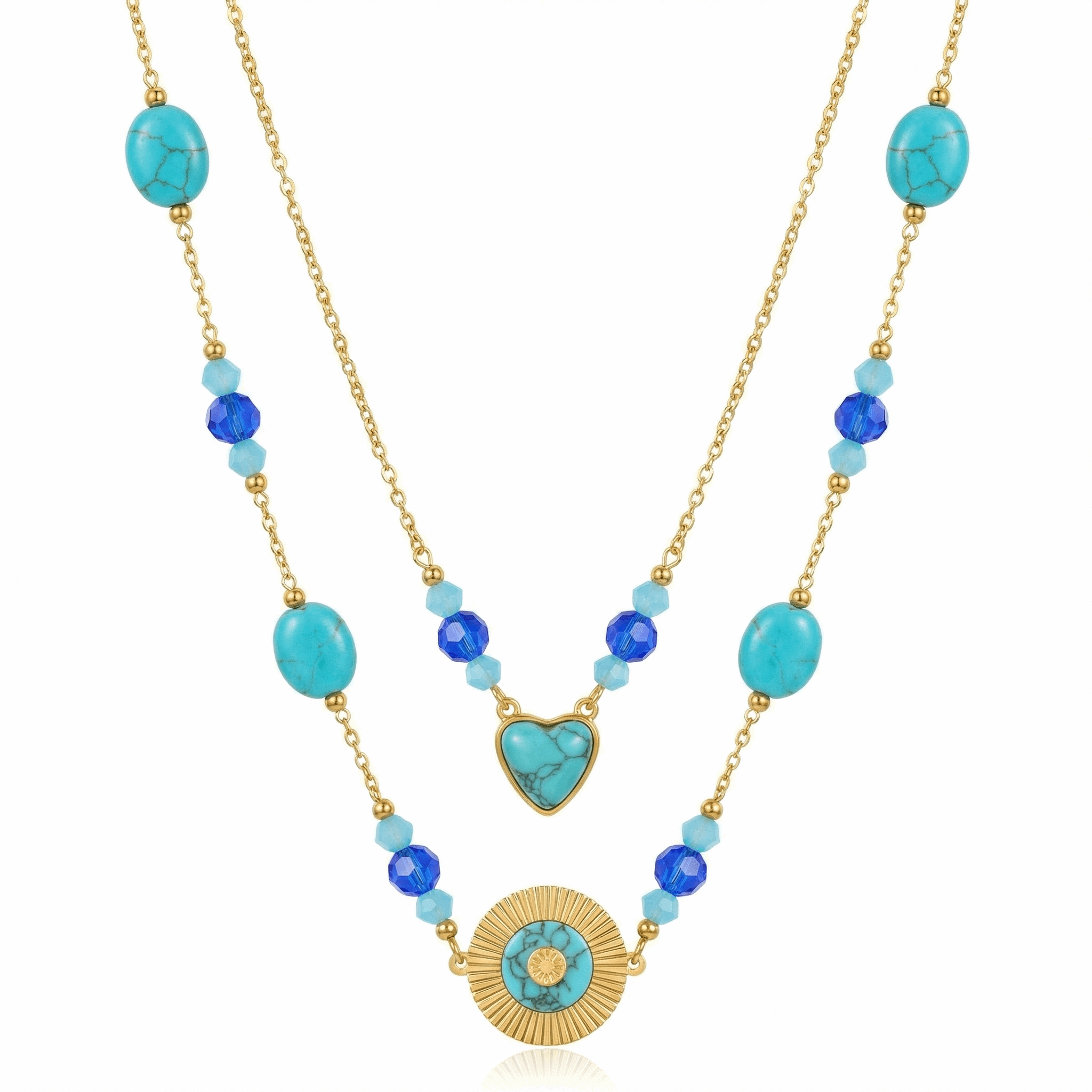 Collier doré double rang avec perles turquoise, cœur et médaillon solaire