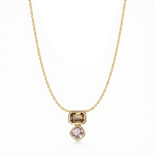 Collier doré à l’or 18k avec double pendentif pierres champagne et lilas