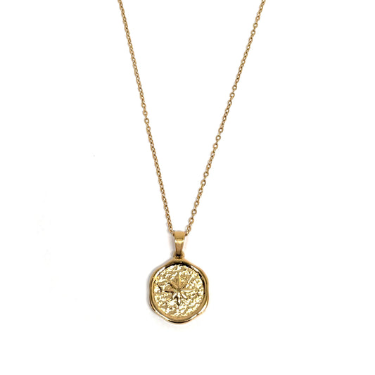 collier femme en acier inoxydable doré avec médaille gravée d’une étoile polaire 24 mm, chaîne réglable 45 +5 cm, bijou symbolique et intemporel à offrir