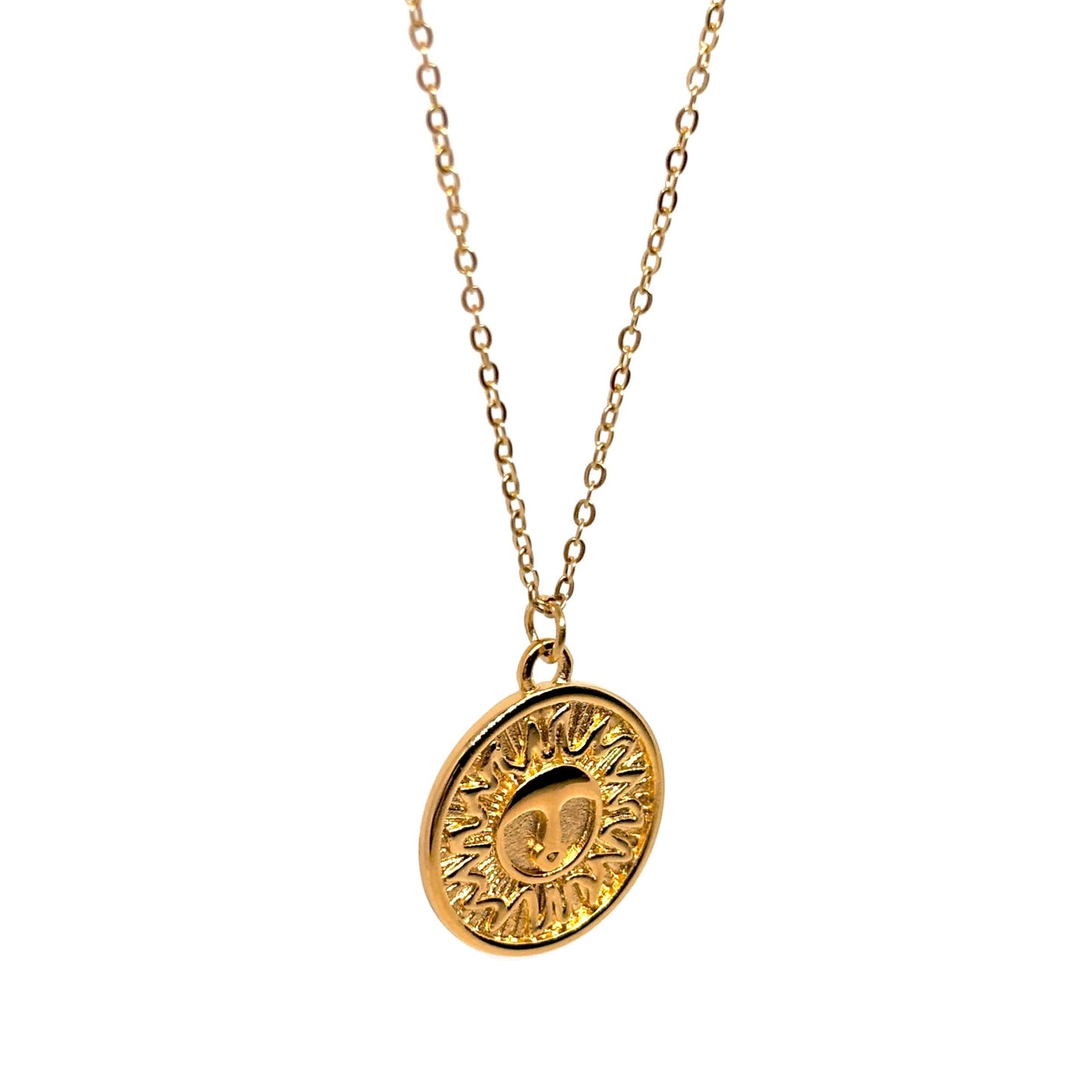 collier femme en acier inoxydable doré avec pendentif médaille soleil vintage gravée visage et rayons, chaîne réglable 45 cm + extension, bijou chic à offrir