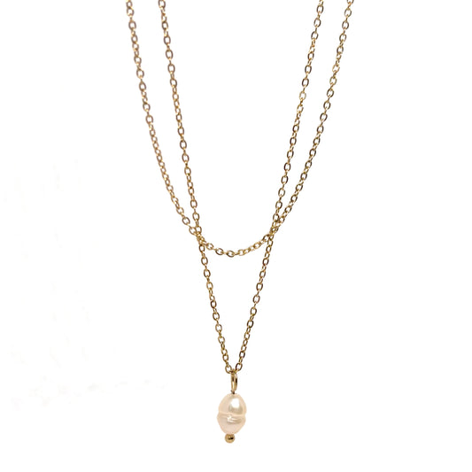 collier femme en acier inoxydable doré 14K composé de deux chaînes superposées et d’un pendentif perle blanche ovale, longueur 38 +5 cm, bijou minimaliste et raffiné au style intemporel