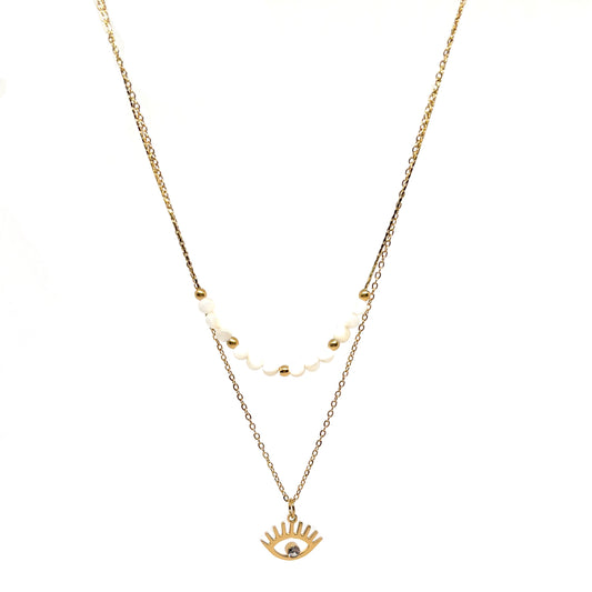 collier femme en acier inoxydable doré à double chaîne avec perles blanches et dorées et pendentif œil protecteur serti d’un strass, longueurs 39 et 41 +4 cm, bijou boho chic et symbolique