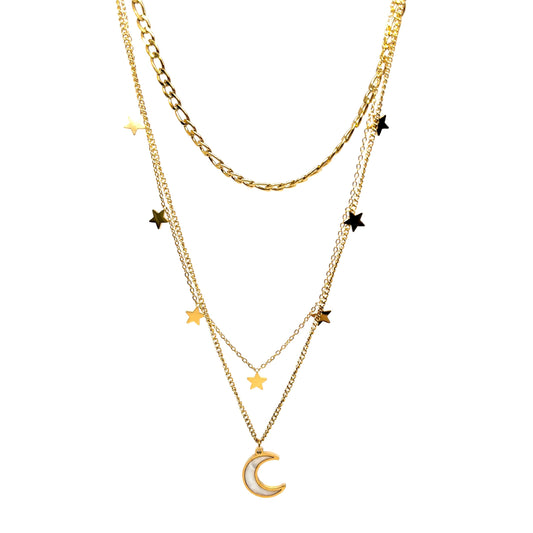 collier femme en acier inoxydable doré composé de trois chaînes superposées avec pendentif lune nacrée et étoiles dorées, longueur 37+5, 41+5, 45+5 cm, bijou astral bohème chic à offrir