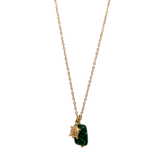 collier femme en acier inoxydable doré avec pendentif tortue et pierre malachite verte, bijou symbolique et tendance