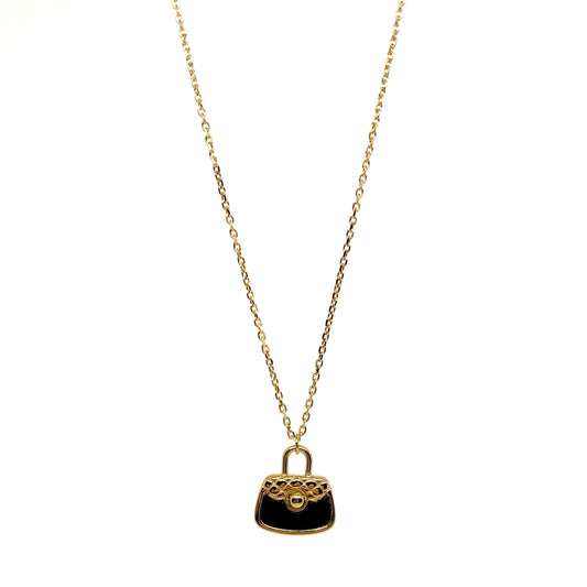 Collier doré pour femme en acier inoxydable avec pendentif en forme de sac à main noir émaillé. Bijou original et tendance, résistant à l’eau et hypoallergénique, au style chic et inspiré de la haute couture